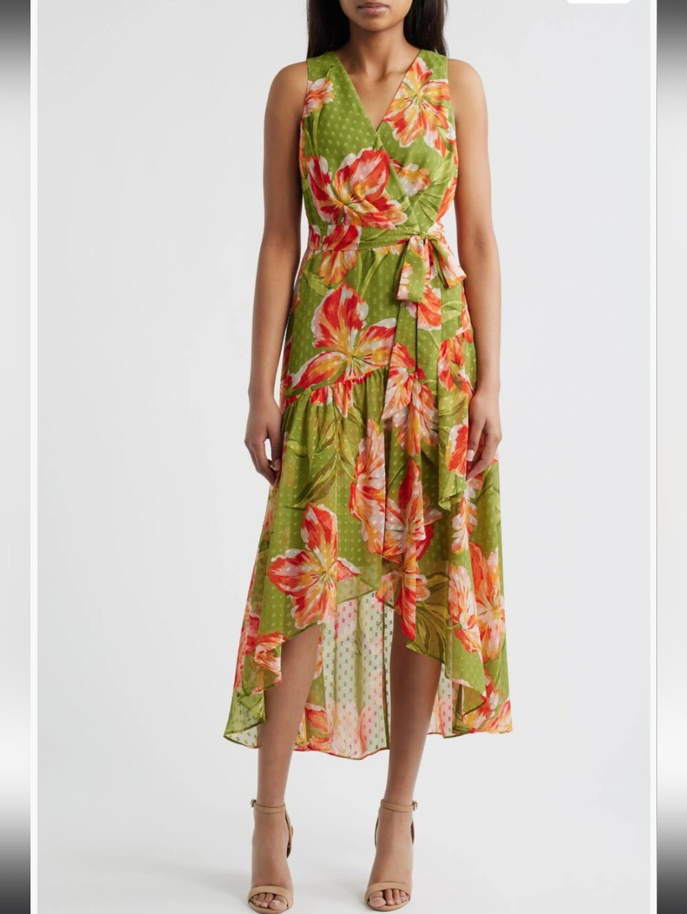 Anne Klein Floral Clip Dot High-Low Faux Wrap Dress